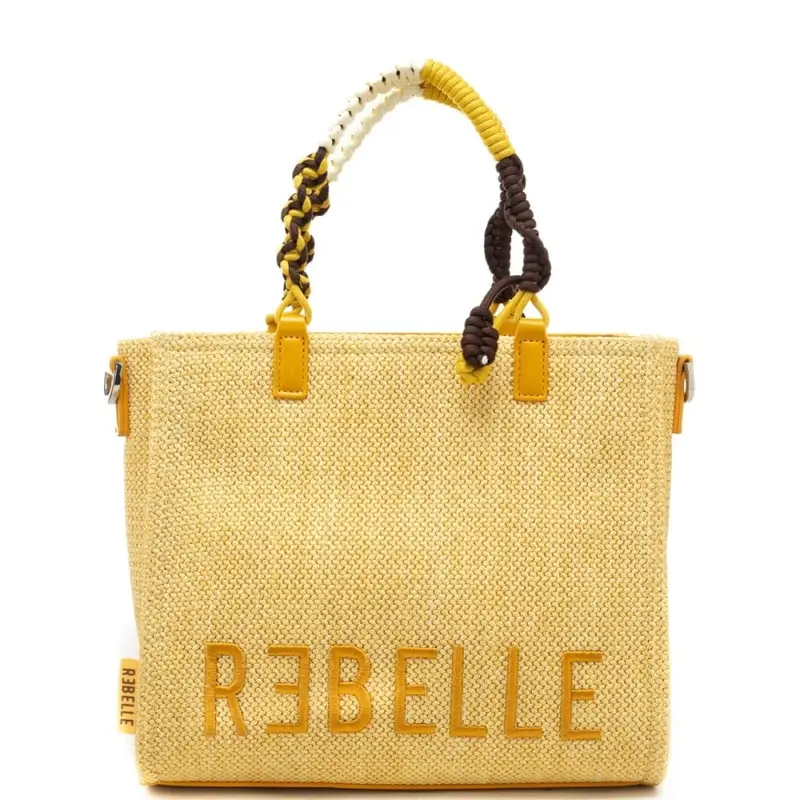 borsa da donna poppy safari in tessuto intrecciato con maxi logo lettering ricamato sul fondo banana