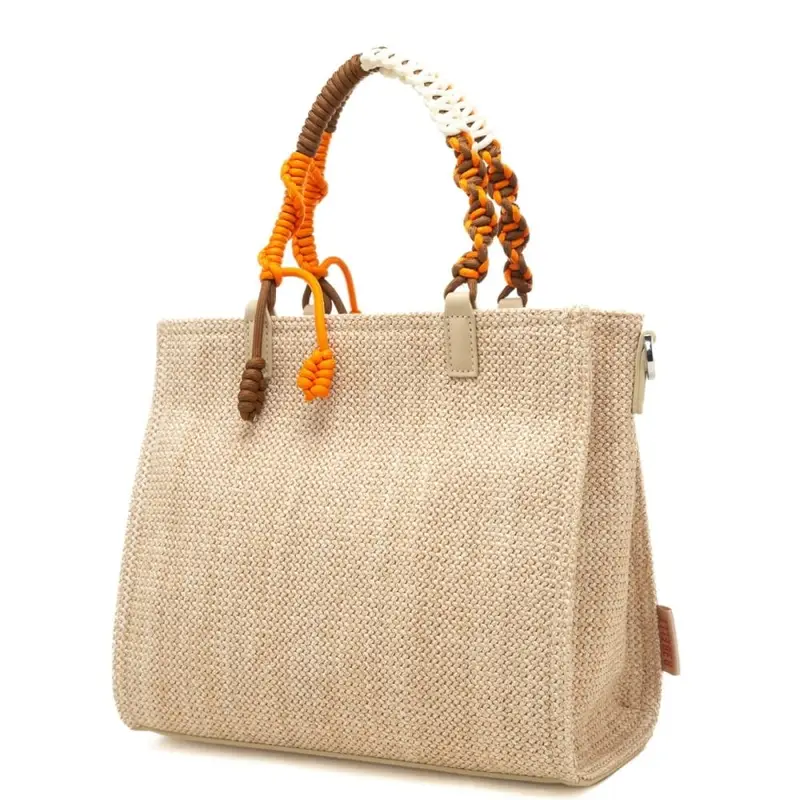 borsa da donna poppy safari in tessuto intrecciato con maxi logo lettering ricamato sul fondo beige miniatura 3