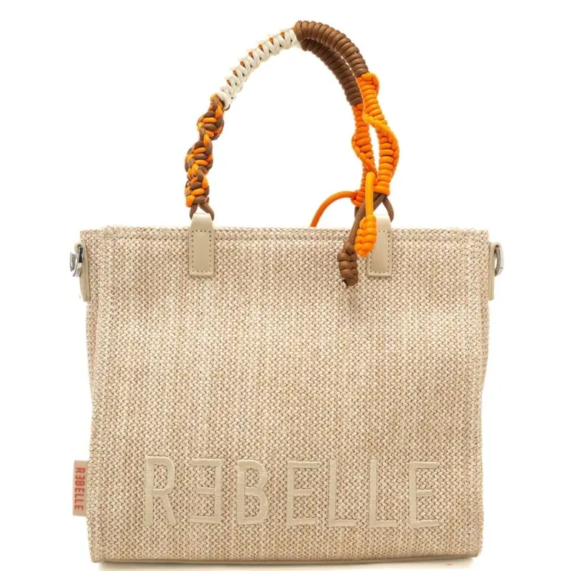 borsa da donna poppy safari in tessuto intrecciato con maxi logo lettering ricamato sul fondo beige