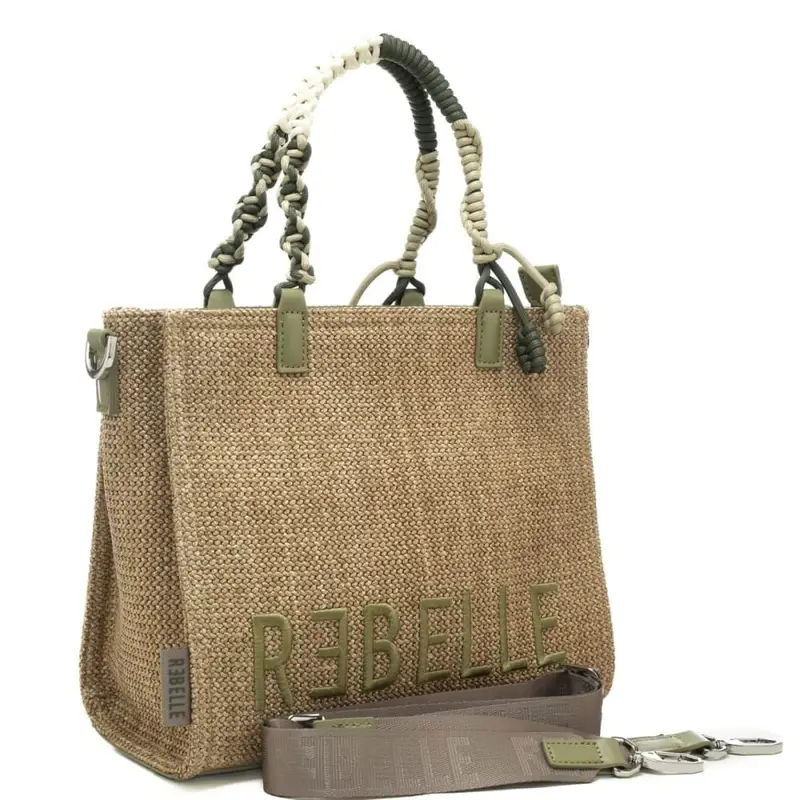borsa da donna poppy safari in tessuto intrecciato con maxi logo lettering ricamato sul fondo beige scuro miniatura 2