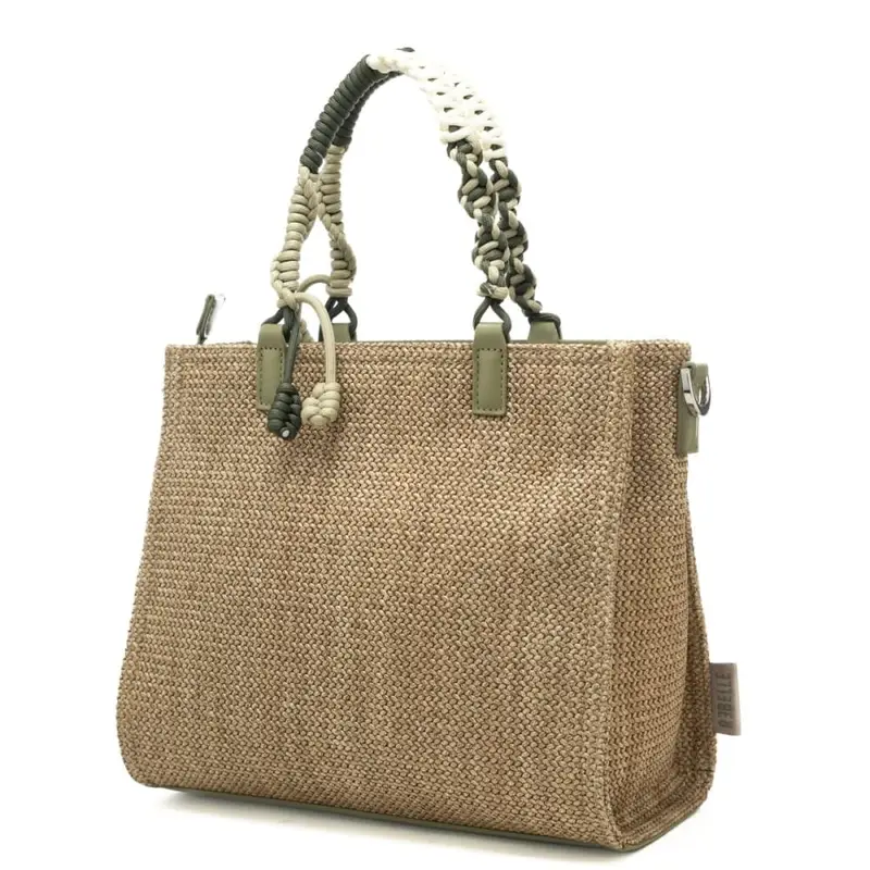 borsa da donna poppy safari in tessuto intrecciato con maxi logo lettering ricamato sul fondo beige scuro miniatura 3