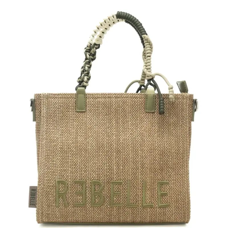 borsa da donna poppy safari in tessuto intrecciato con maxi logo lettering ricamato sul fondo beige scuro