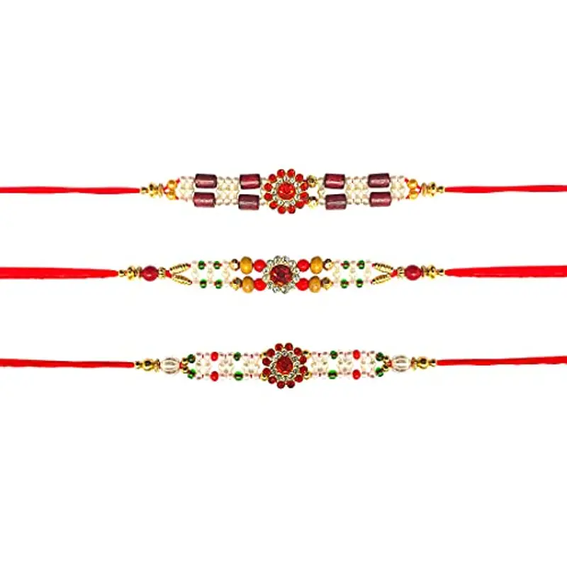 Red Multi Stone Designer Rakhi Bracelet for Brother on Raksha bandhan with Multicolor Beads Traditional Rakhi Thread Set of 3