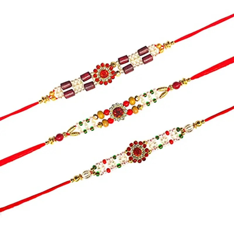 Red Multi Stone Designer Rakhi Bracelet for Brother on Raksha bandhan with Multicolor Beads Traditional Rakhi Thread Set of 3 miniatura 2