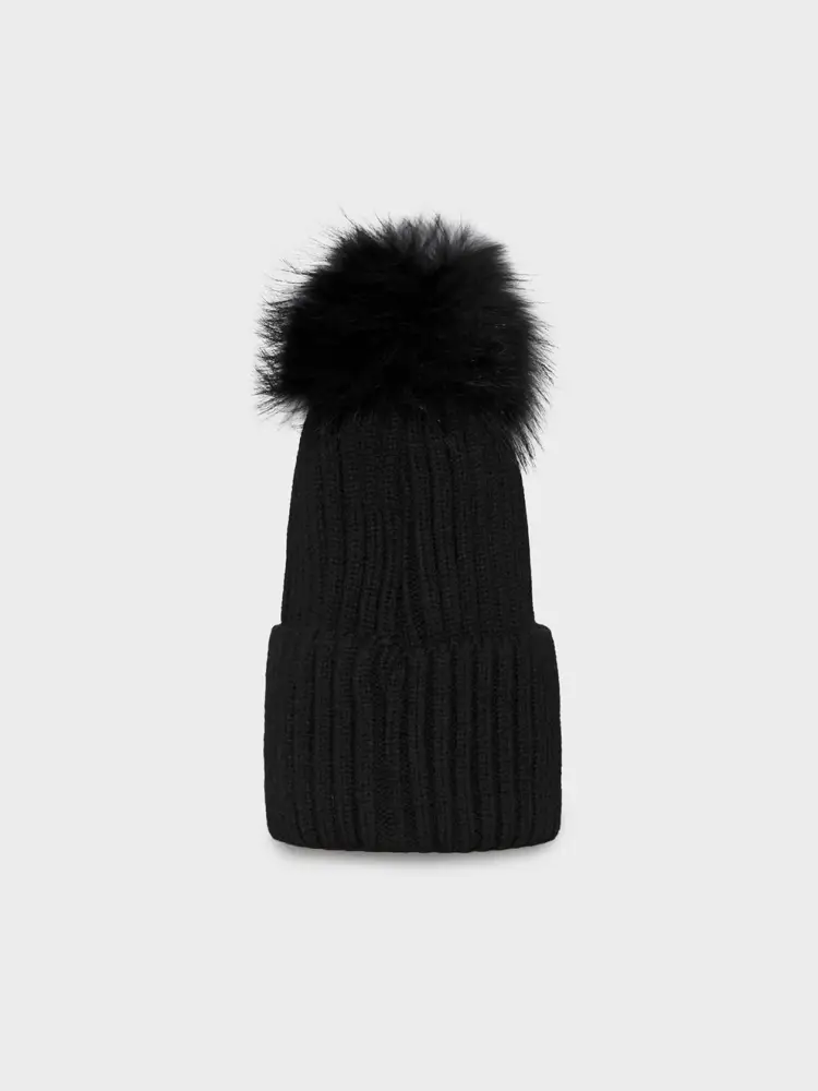 cappello nero donna in maglia pompon con pelliccia patch logo sul petto miniatura 2