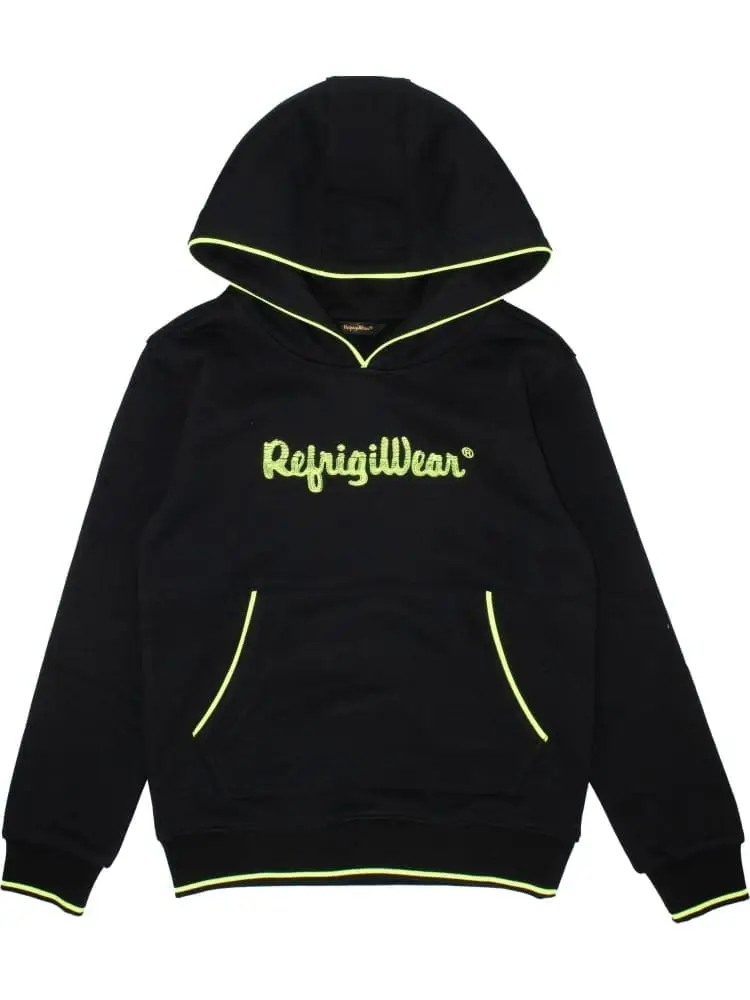 felpa nera bambino con cappuccio logo giallo fluo sul davanti