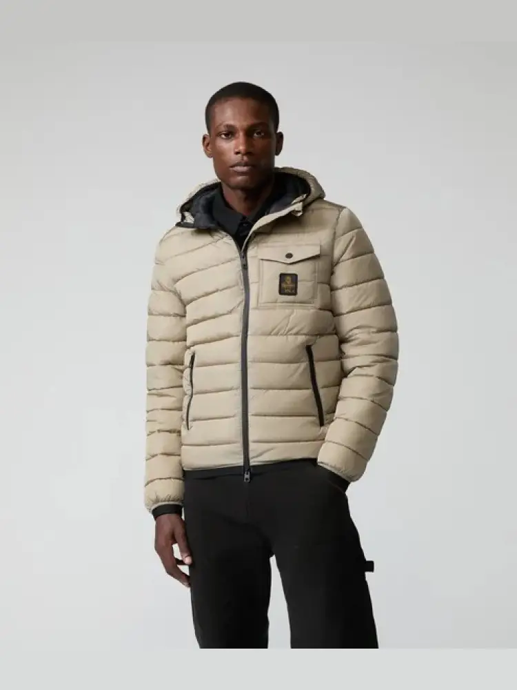 giubbotto beige uomo con cappuccio logo sul petto