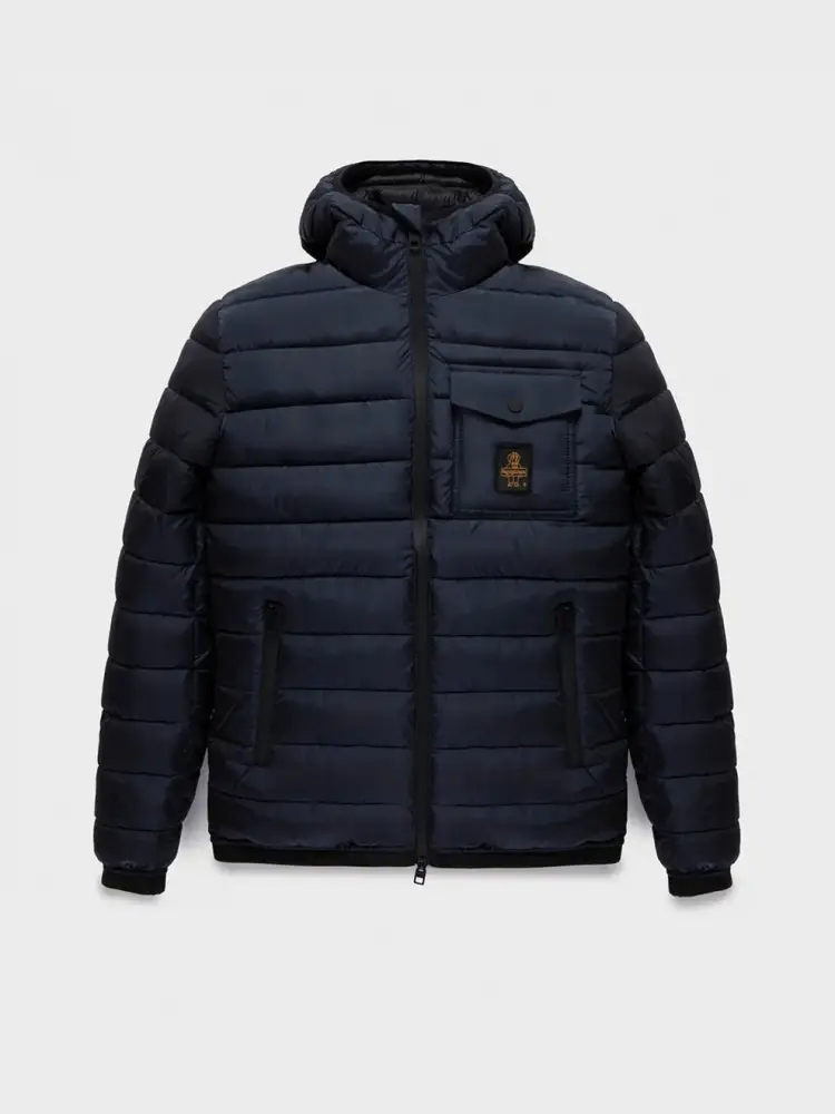 giubbotto blu navy uomo imbottito con cappuccio logo sul petto