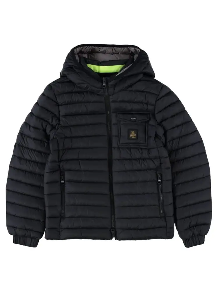 giubbotto nero bambino con cappuccio logo sul petto