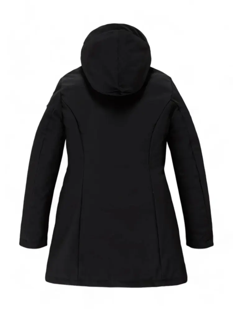 giubbotto nero donna lungo con cappuccio tessuto tecnico logo sul braccio miniatura 2