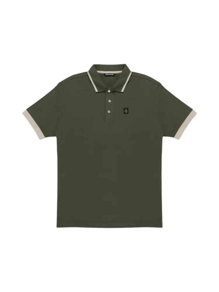polo uomo in piquet di cotone verde militare con perfili in contrasto
