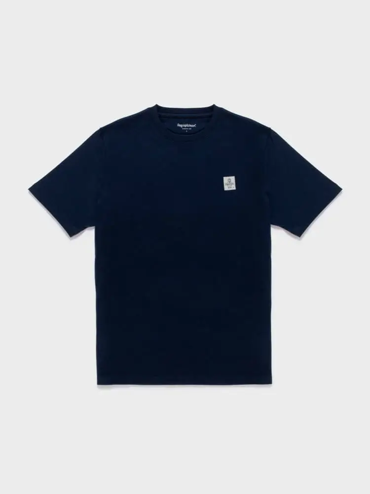 t-shirt uomo in cotone blu con taschino e patch logo