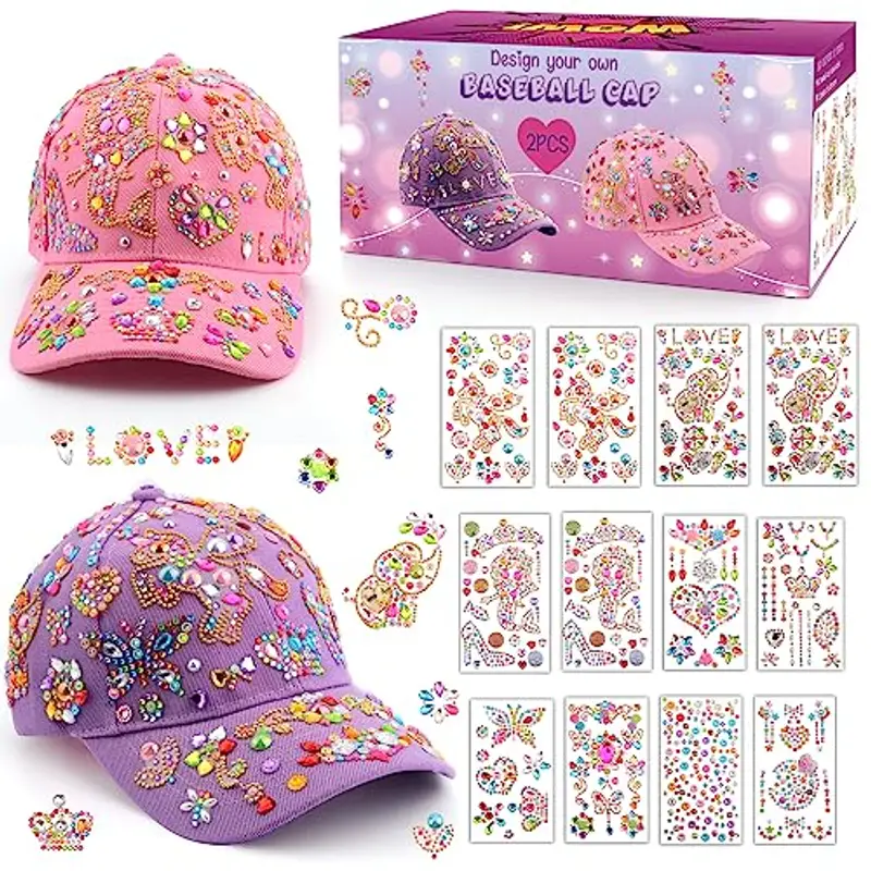 Regalo Bambina 4 5 6 7 8 9 10 11 12 Anni, Kit Cappellino da Baseball Fai Da Te Ragazze, Idee Regali Bambina Compleanno di nuovo a scuola, DIY Berretto da Baseball con Gemma Stickers, Regalo Cappello