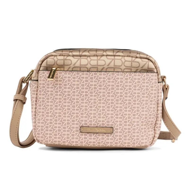 Borsa beige da donna in stampa multilogo con tracolla