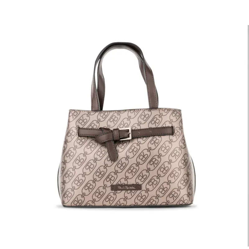 Borsa marrone da donna con stampa multi logo e fibbia