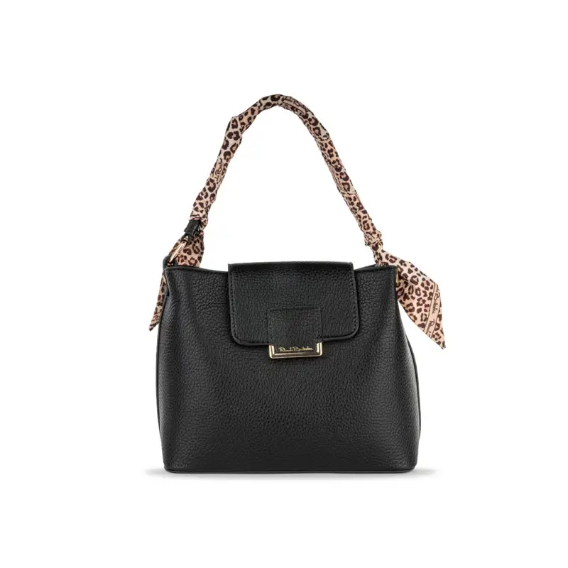 Borsa nera da donna con dettaglio foulard su manico in stampa animalier