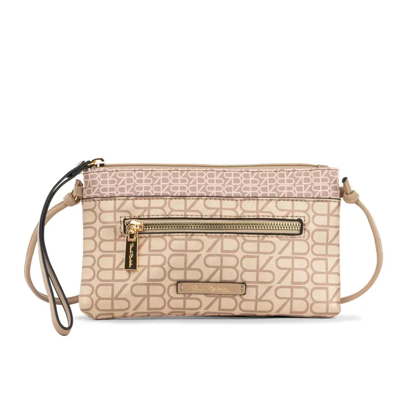 Borsetta beige da donna in stampa multilogo con taschina frontale e tracolla