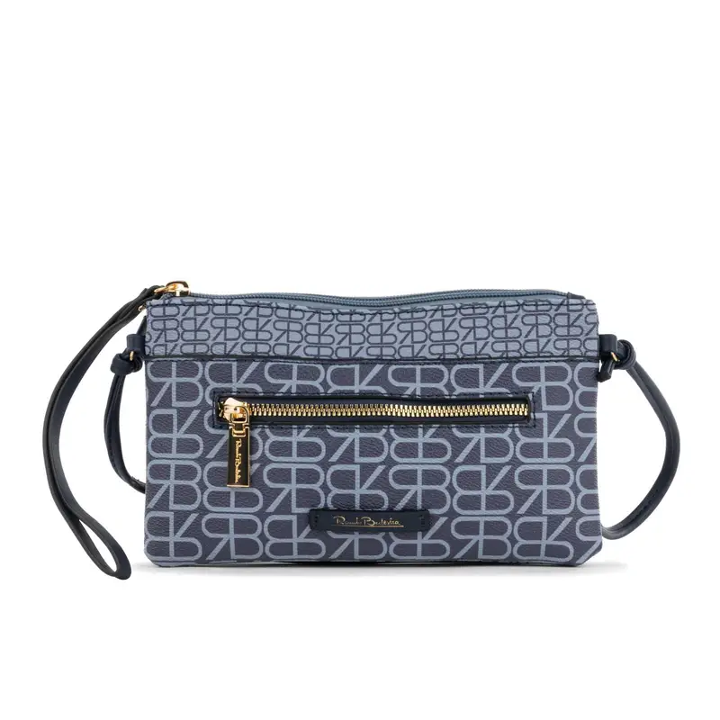Borsetta blu da donna in stampa multilogo con taschina frontale e tracolla
