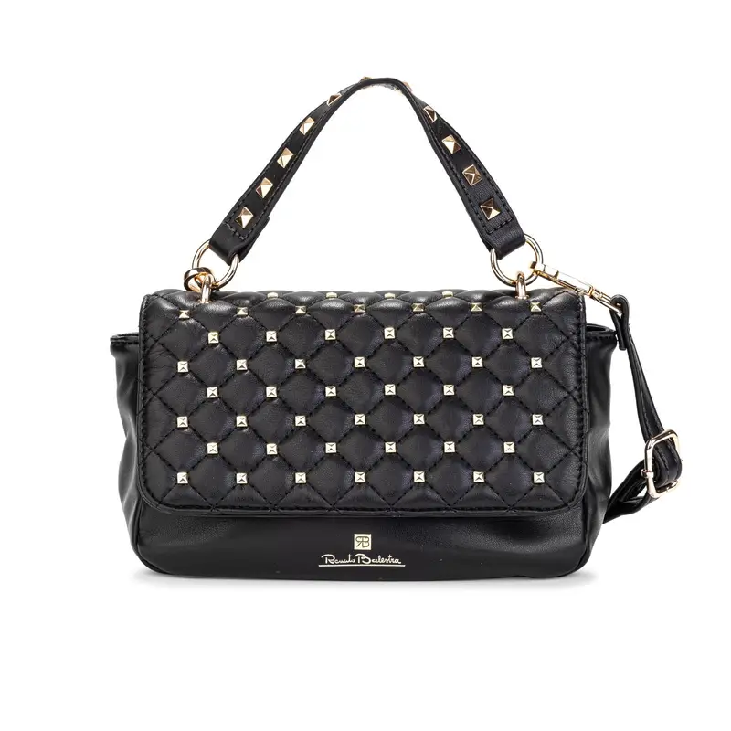 Borsetta nera a mano effetto trapuntato con borchie e tracolla removibile