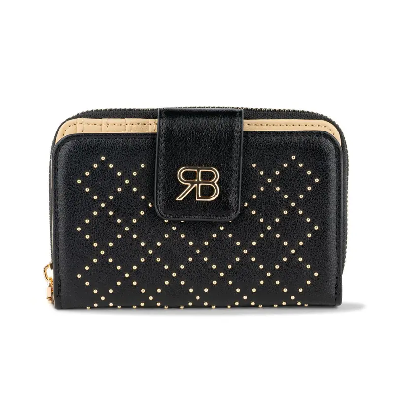 Portafoglio nero da donna con borchie e logo