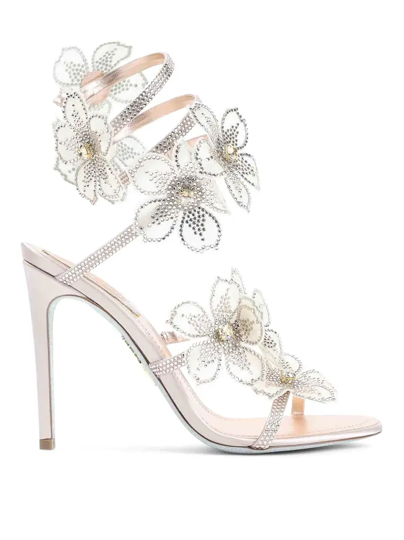 Sandali in pelle con fiori di pesca Argento