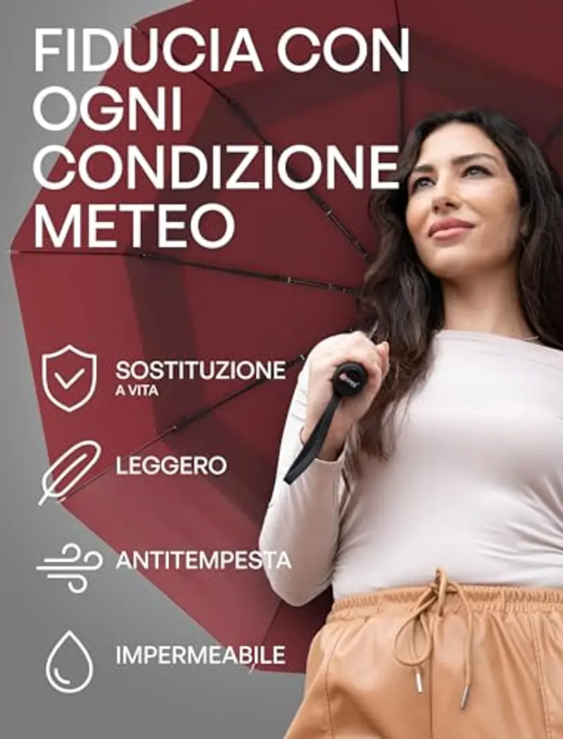 Repel Umbrella Ombrello antivento pieghevole - Ombrello portatile antivento compatto, automatico e durevole - Ombrello piccolo resistente al vento - Uomo e donna (Rosso) miniatura 3