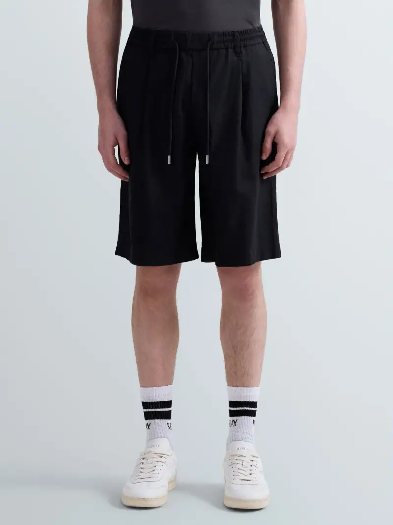 Bermuda Regular Fit In Lino E Cotone Nero