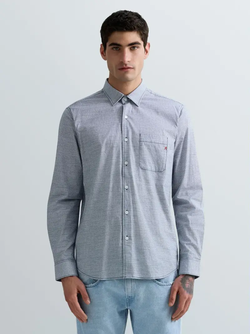 Camicia In Cotone Comfort Con Micro Motivo Blu Chiaro