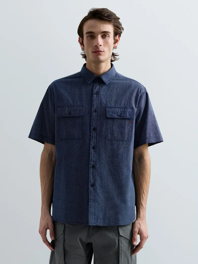 Camicia In Cotone Con Micro Check Blu Scuro