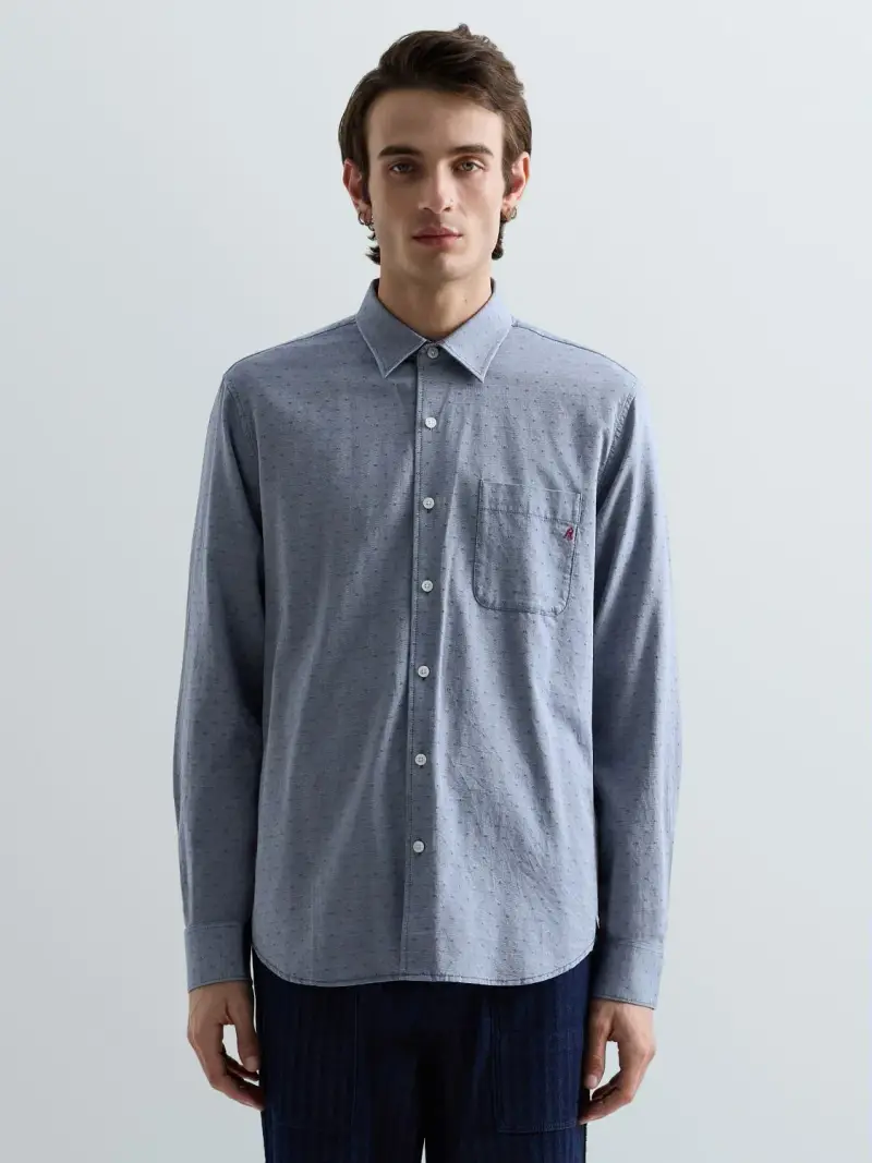 Camicia In Cotone Con Motivo Puntinato Blu Scuro