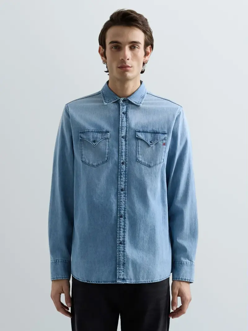 Camicia In Denim Con Ricamo Blu Medio
