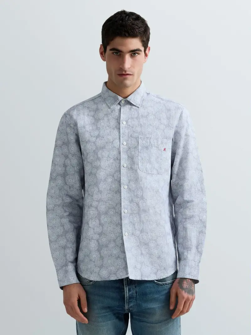 Camicia In Lino E Cotone Con Stampa Fiori Blu Chiaro