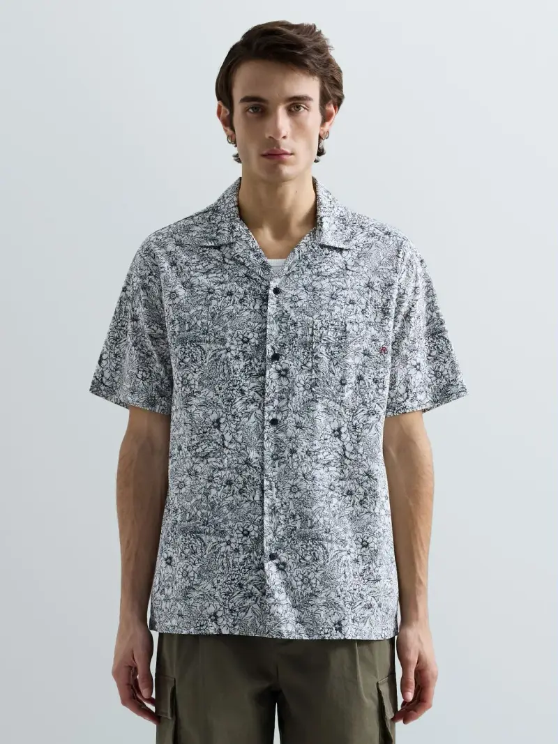 Camicia In Popeline Con Stampa Fiori Blu Scuro