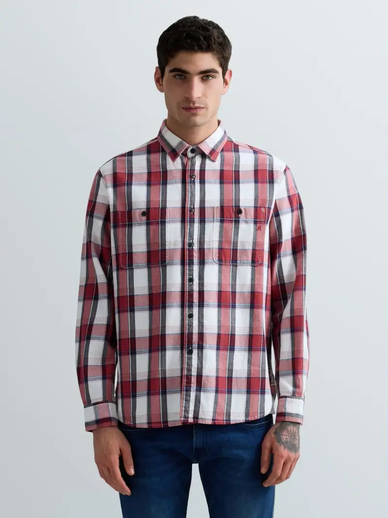 Camicia In Twill Di Cotone Check Blu Chiaro