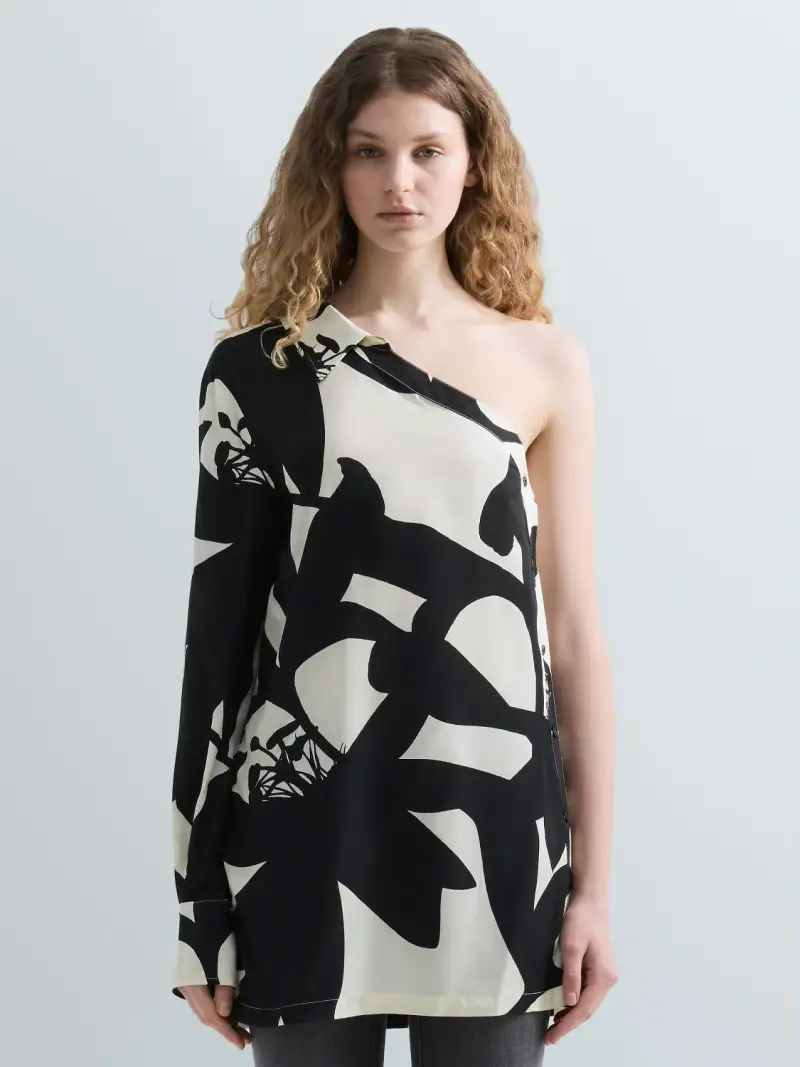 Camicia Monospalla Con Stampa Maxi Fiori Nero