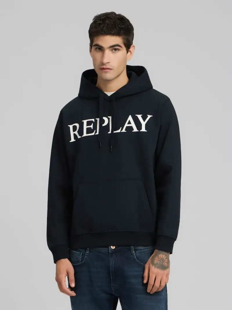 Replay Felpa con Cappuccio e Lettering Blu