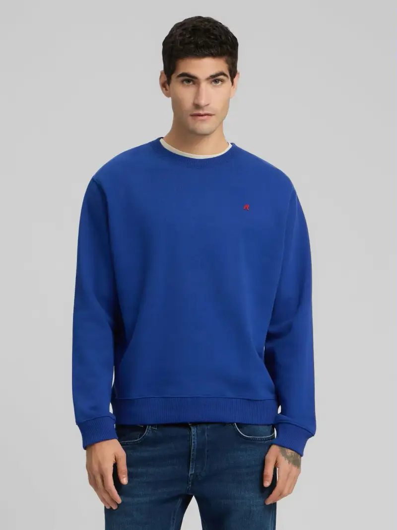 Felpa Girocollo In Cotone Garzato Blu Medio