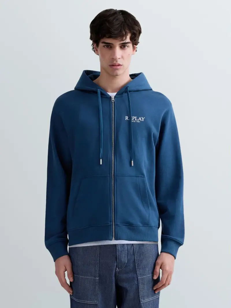 Felpa In Cotone Terry Con Zip E Cappuccio Blu Medio