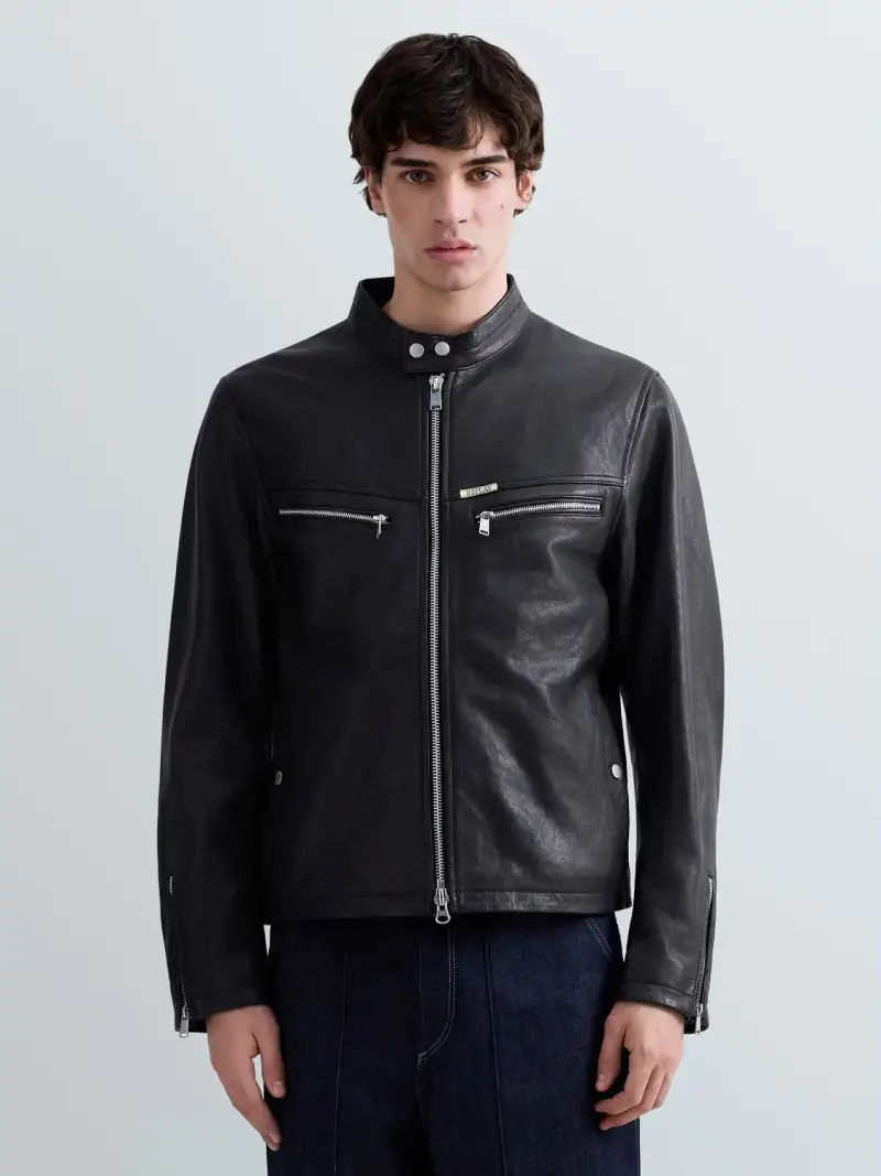 Giacca Biker In Pelle Cerata Nero