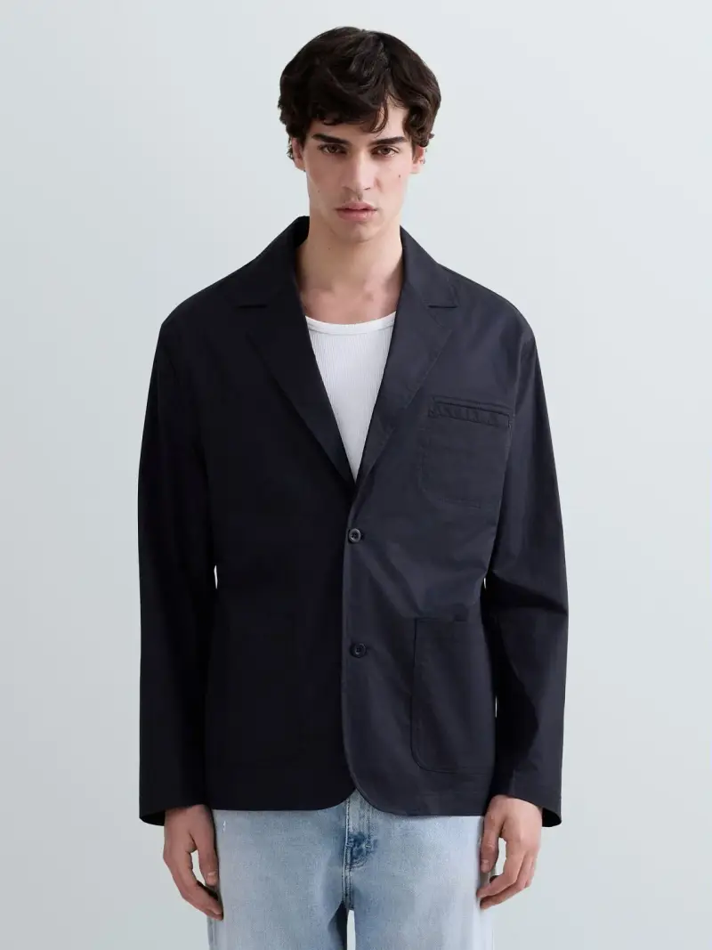 Giacca Regular Fit In Twill Con Revers Nero