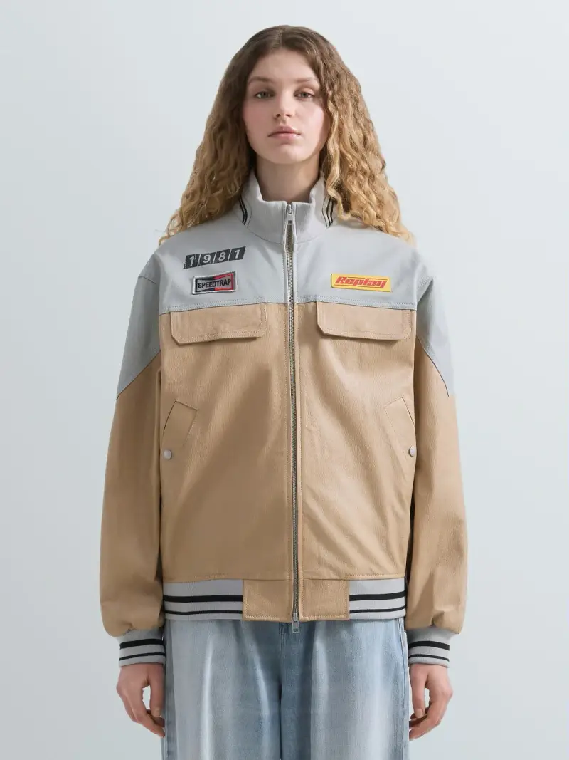 Giacca Varsity In Pelle Bicolor Marrone