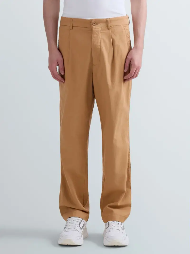 Pantaloni Regular Fit In Lino E Cotone Marrone