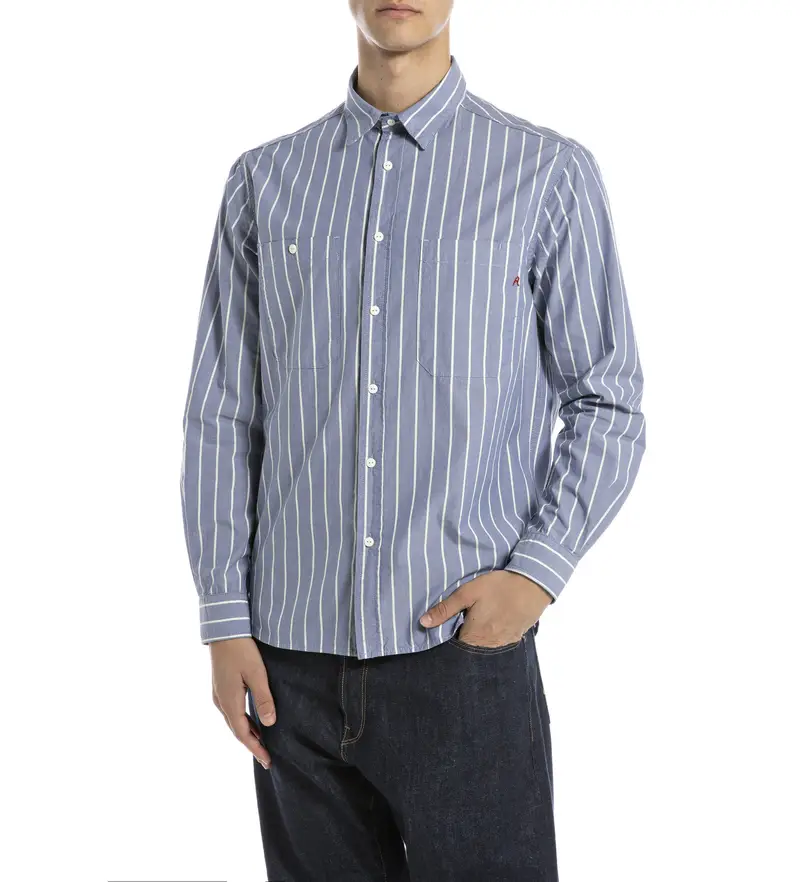 per uomo M4153 000 52852 Camicia tinta in filo blu (S), Casual, Classico, Poliestere, Manica lunga