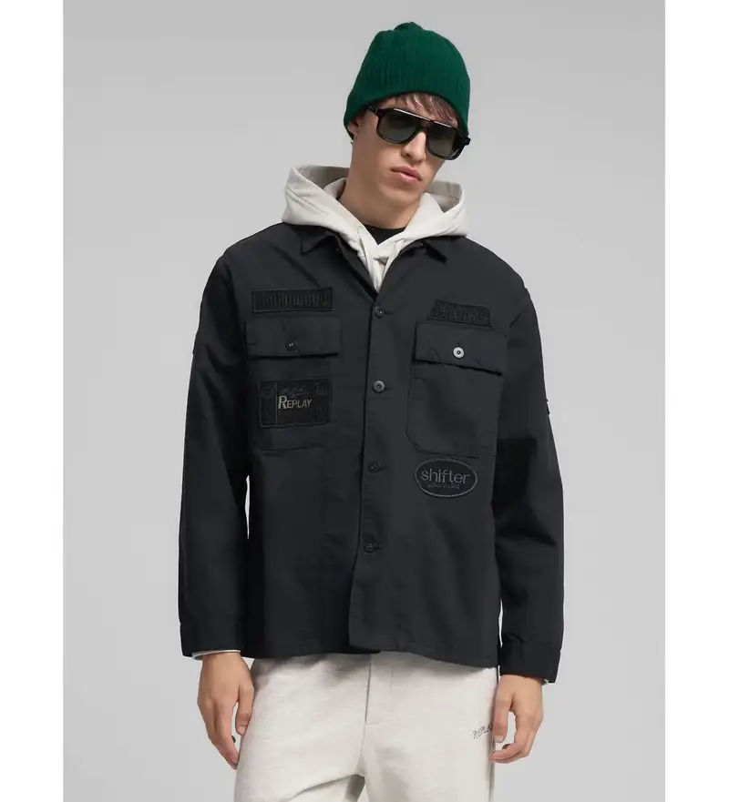 per uomo M8445B 000 85172 Giacca Regular Fit con toppe nere (S), Nero, Casual, Cotone