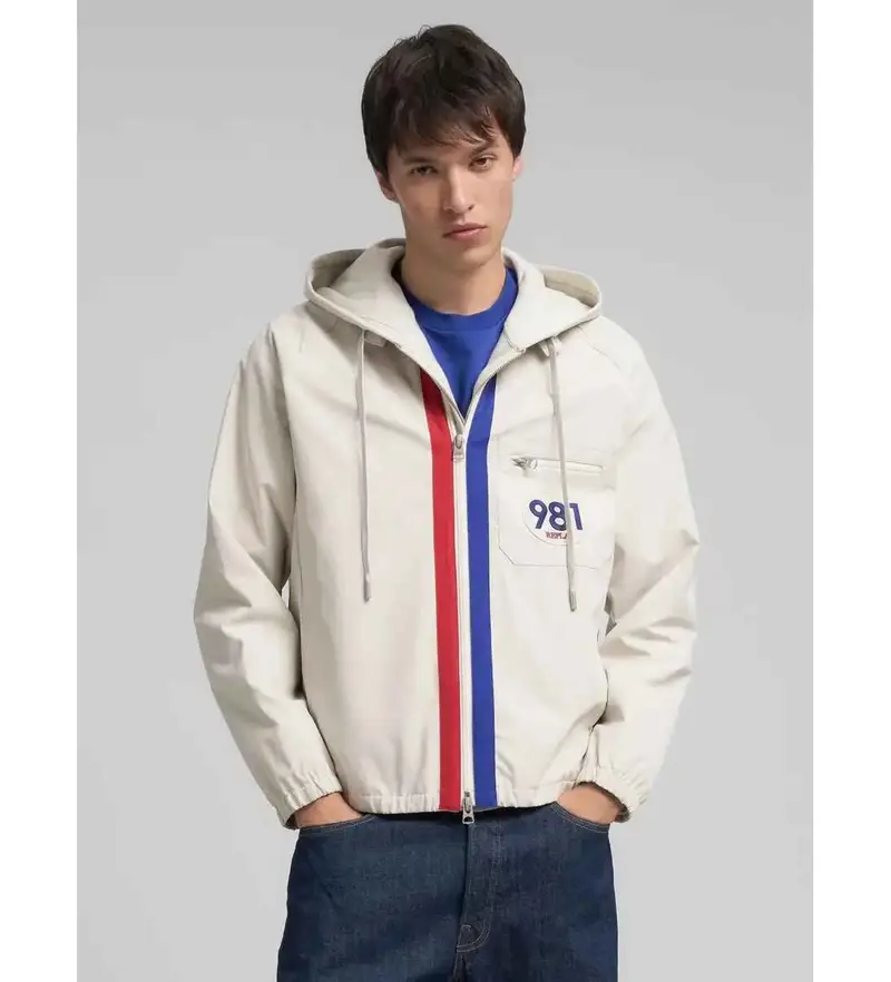 per uomo M8490 000 85420 Giacca con dettagli bianchi a contrasto (M), Bianco, Casual, Poliestere, Poliamide