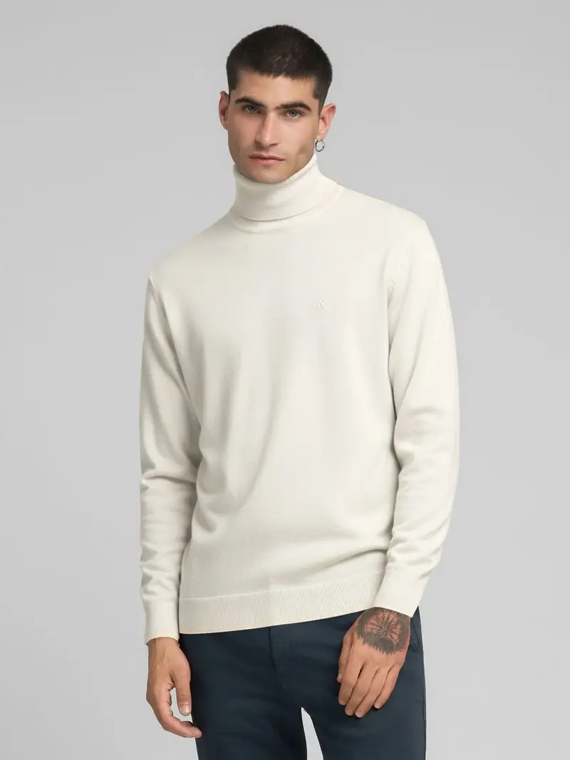 Pullover A Collo Alto In Cotone E Cashmere Beige