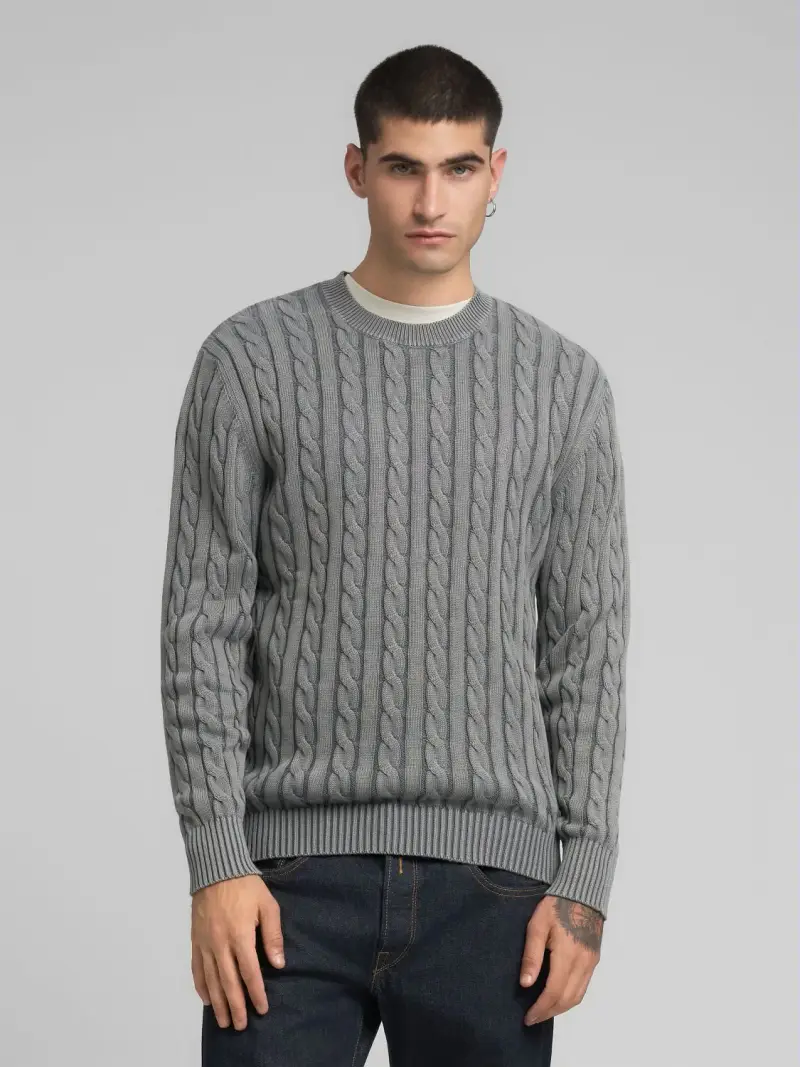 Pullover In Cotone Con Lavorazione A Trecce Grigio