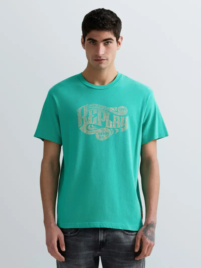 T-shirt Girocollo Con Stampa Logo Vintage Azzurro