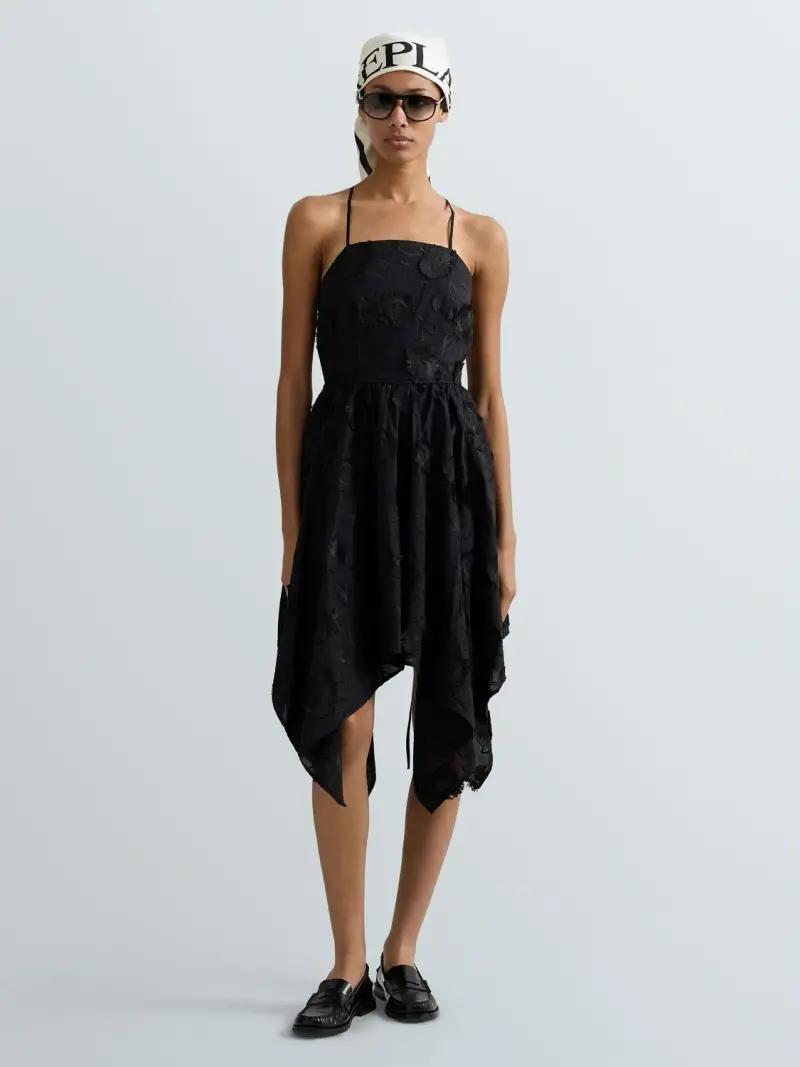 Vestito Corto Asimmetrico Con Decoro Floreale Nero