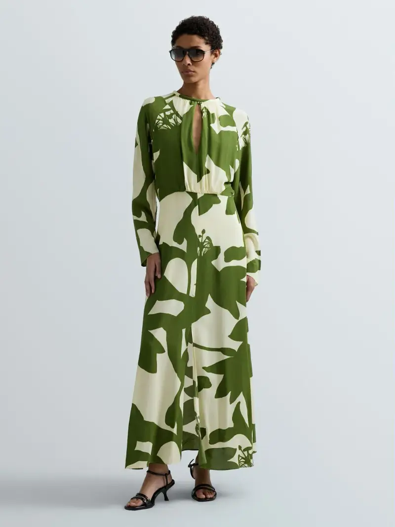 Vestito Lungo Con Stampa Fiori Bicolor